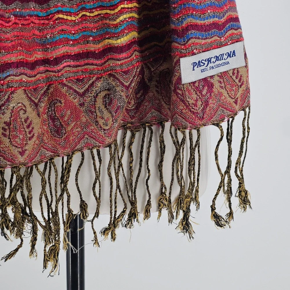 100% Pashmina Scarf Wrap Large Burgundy Paisley Boho Rainbow Tassel Luxury Shawl